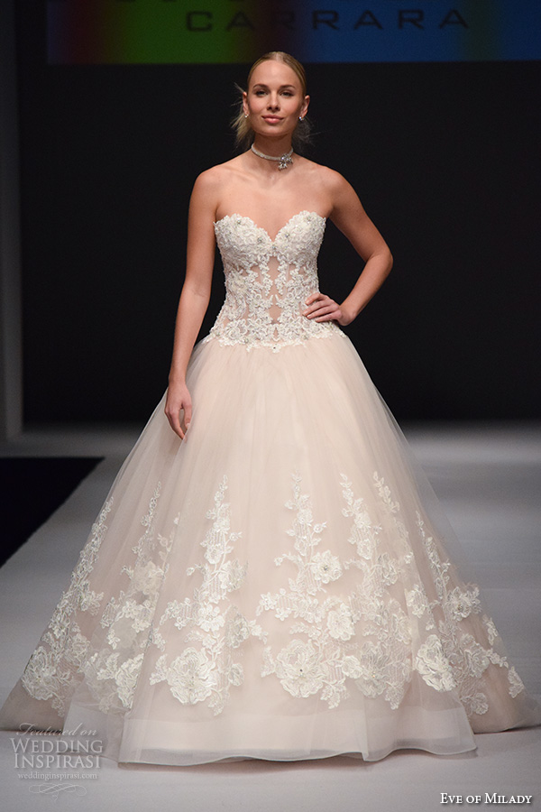 eve of milady new york bridal week fall 2016 romantic pretty a  line ball gown wedding dress strapless lace embroidered bodice blush color