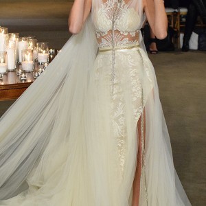 galia lahav fall 2016 bridal fashion week beautiful sheath wedding dress high side slit lace embroidery