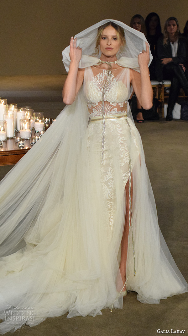 galia lahav fall 2016 bridal fashion week beautiful sheath wedding dress high side slit lace embroidery