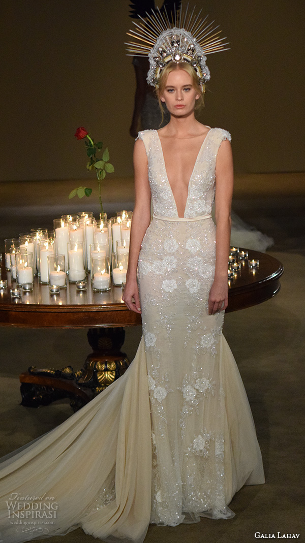 galia lahav fall 2016 bridal fashion week sexy beautiful sheath wedding dress plunging neckline beaded embroidery