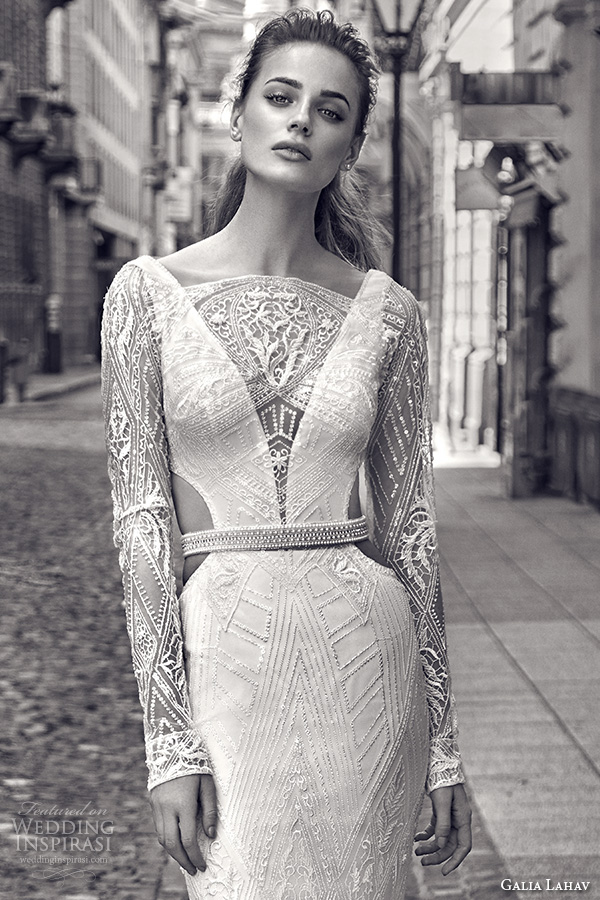 galia lahav gala fall 2016 bridal gowns elegant lace long sleeves sheath wedding dress boat neckline art deco embellishment style 612 