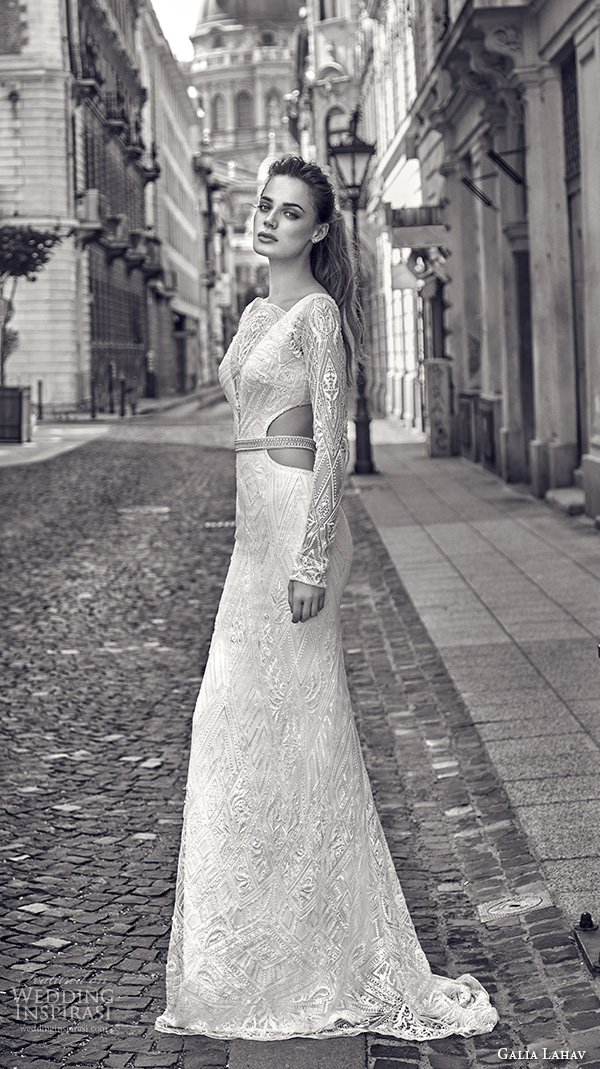 galia lahav gala fall 2016 bridal gowns elegant lace long sleeves sheath wedding dress boat neckline art deco embellishment style 612 side