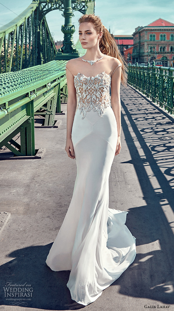 galia lahav gala fall 2016 bridal gowns elegant sheath wedding dress sheer jewel neckline cap sleeves filigree embellishment satin skirt style 609