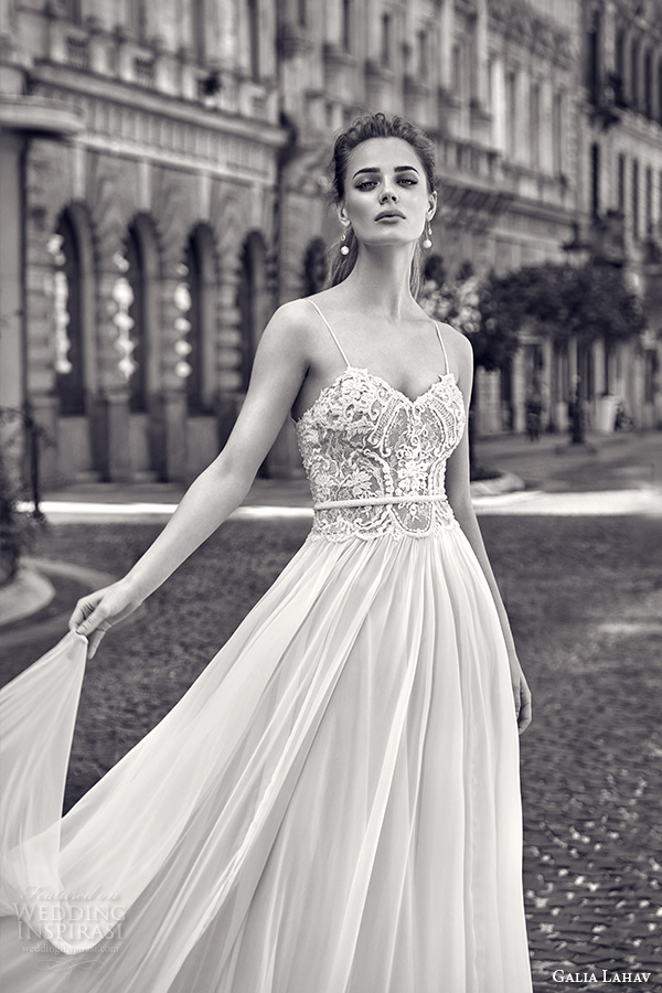 galia lahav gala fall 2016 bridal gowns pretty romantic a  line sheath wedding dress flowy tulle skirt lace embroidered bodice sleeveless spagetti strap style 601