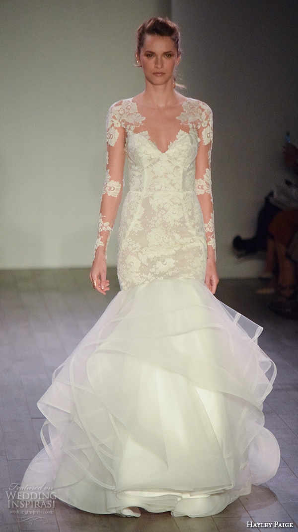 hayley paige fall 2016 bridal week beautiful mermaid wedding dress long sheer sleeves lace bodice