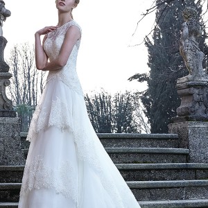 jillian 2016 bridal gowns cap sleeves illusion neckline tiered layered a  line wedding dress chapel train style camelia