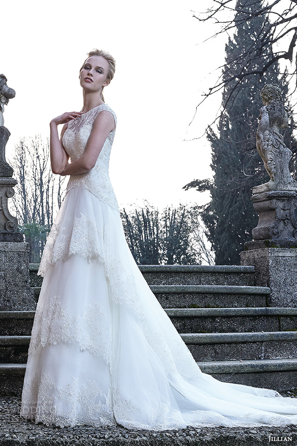 jillian 2016 bridal gowns cap sleeves illusion neckline tiered layered a  line wedding dress chapel train style camelia