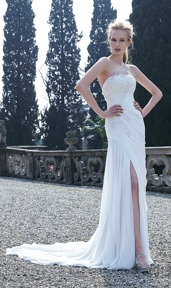 jillian 2016 bridal gowns one shoulder lace embroiderey over draped sheath wedding dress with side slit style cassiopea