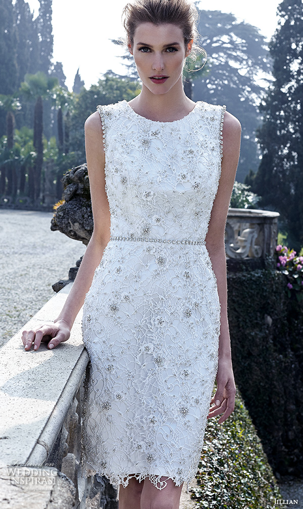 jillian 2016 bridal gowns sleeveless jewel neckline short mini wedding dress lace embroidery floral applique style aosta 