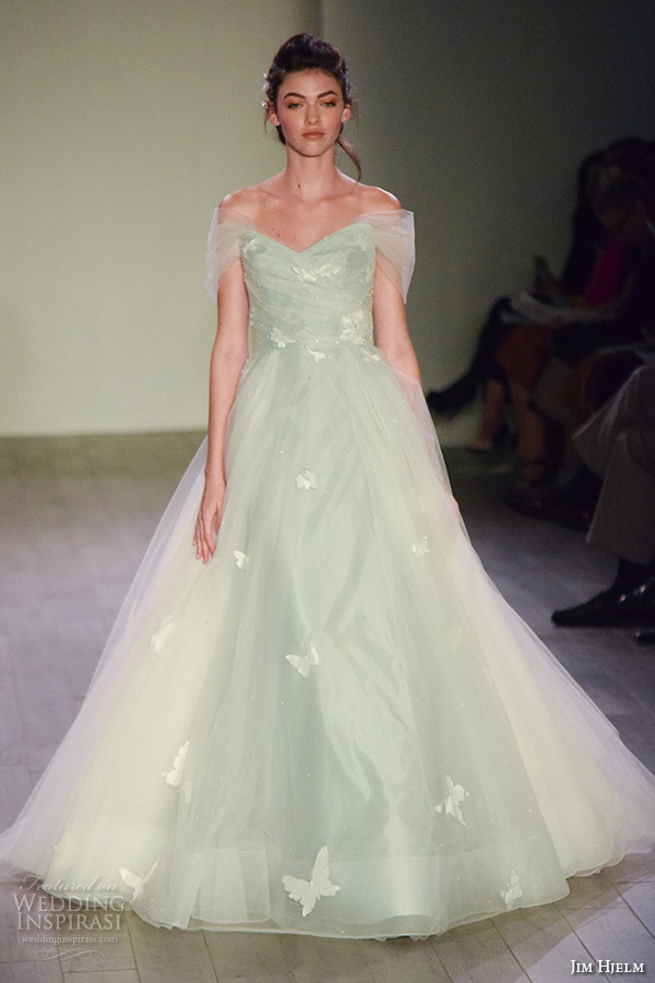 jim hjelm spring 2016 bridal week off the shoulder beautiful romantic pastel blue a  line ball gown wedding dress