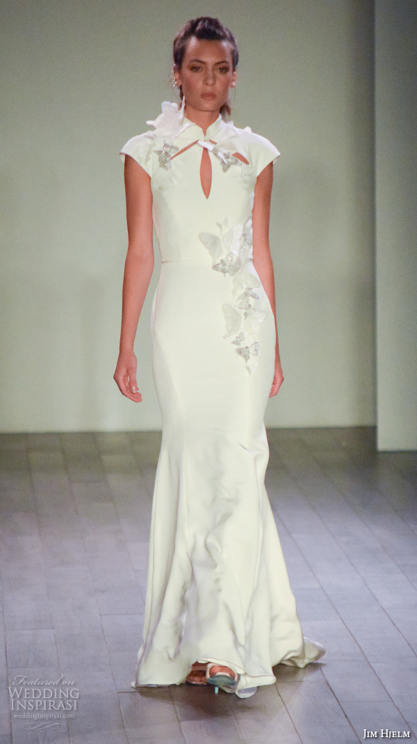 jim hjelm spring 2016 bridal week qipao cheongsam style cap sleeves elegant sheath wedding dress