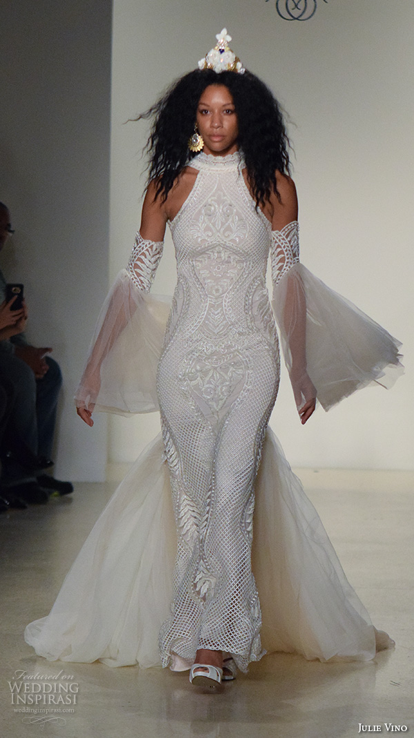 julie vino new york bridal week fall 2016 beautiful sheath wedding dress lace embroidery halter neck bell sleeves