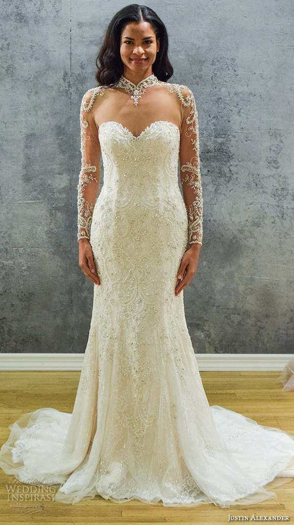 justin alexander new york bridal fashion week 2015 illusion high neck lace long sleeves gorgeous beaded mermaid wedding dress justin alexander new york bridal fashion week 2015 illusion high neck lace long sleeves gorgeous beaded mermaid wedding dress