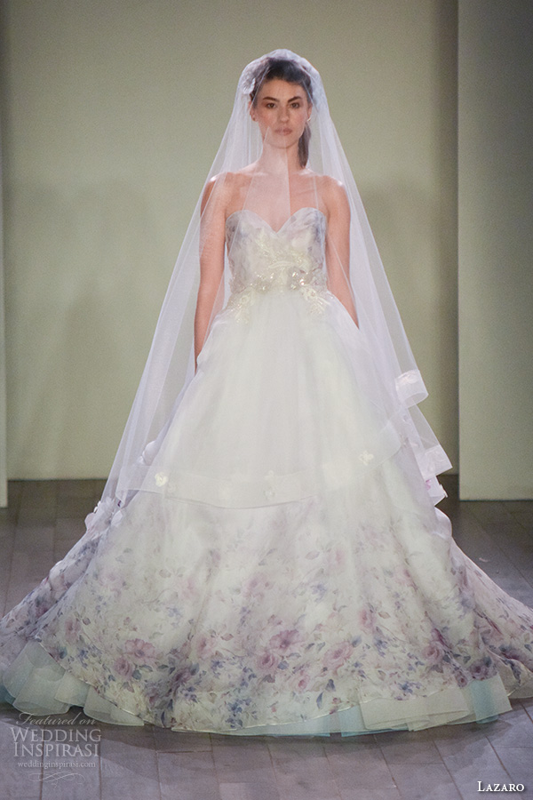 lazaro fall 2016 bridal fashion week beautiful colored a  line ball gown wedding dress strapless sweetheart neckline floral prints