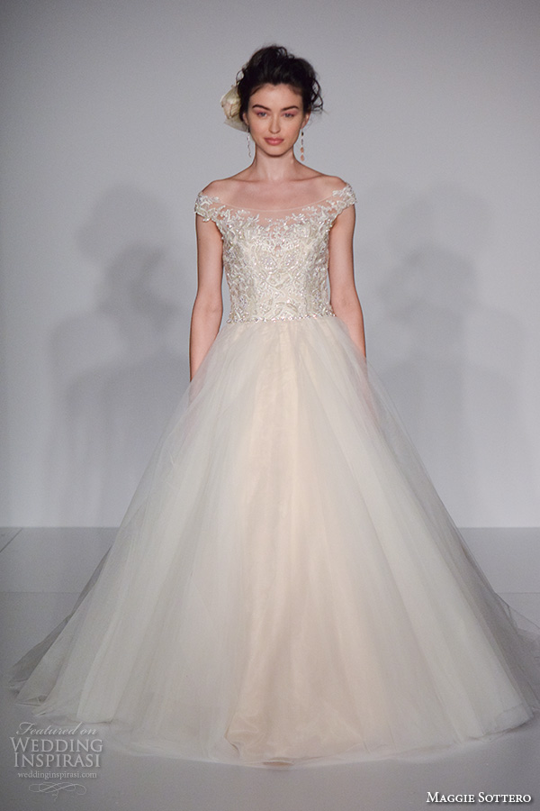 maggie sottero new york bridal week fall 2016 romantic pretty off the shoulder a  line wedding dress beaded bodice tulle skirt