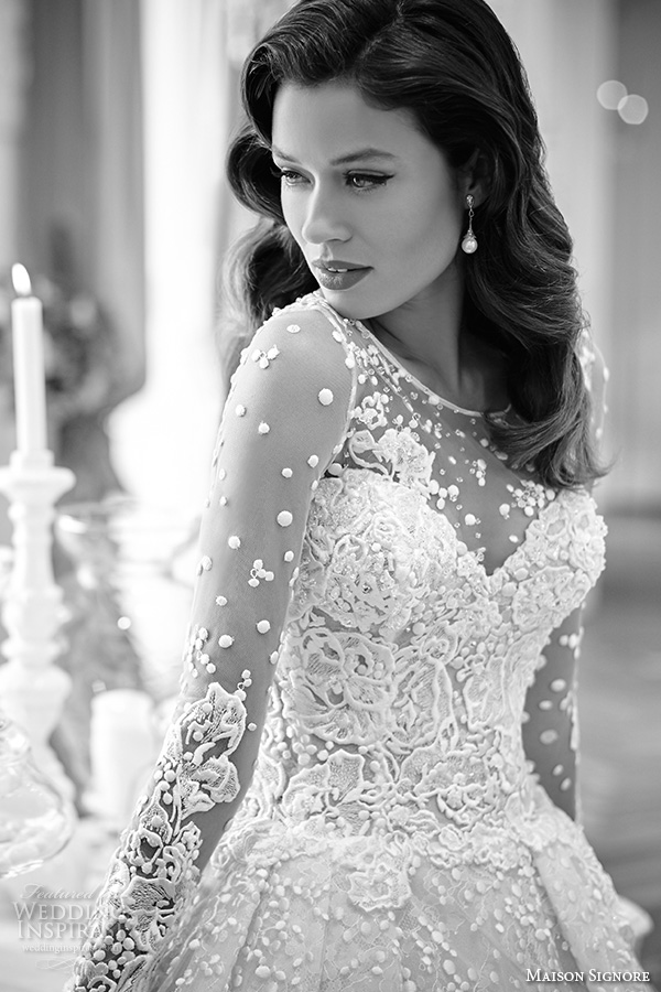 maison signore 2016 bridal gowns beautiful a  line ball gown wedding dress illusion lace long sleeves lace embroidered  