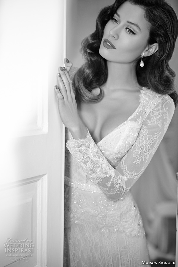 maison signore 2016 bridal gowns beautiful modified a  line wedding dress long lace sleeves v neckline overlay lace full skirt    jpg