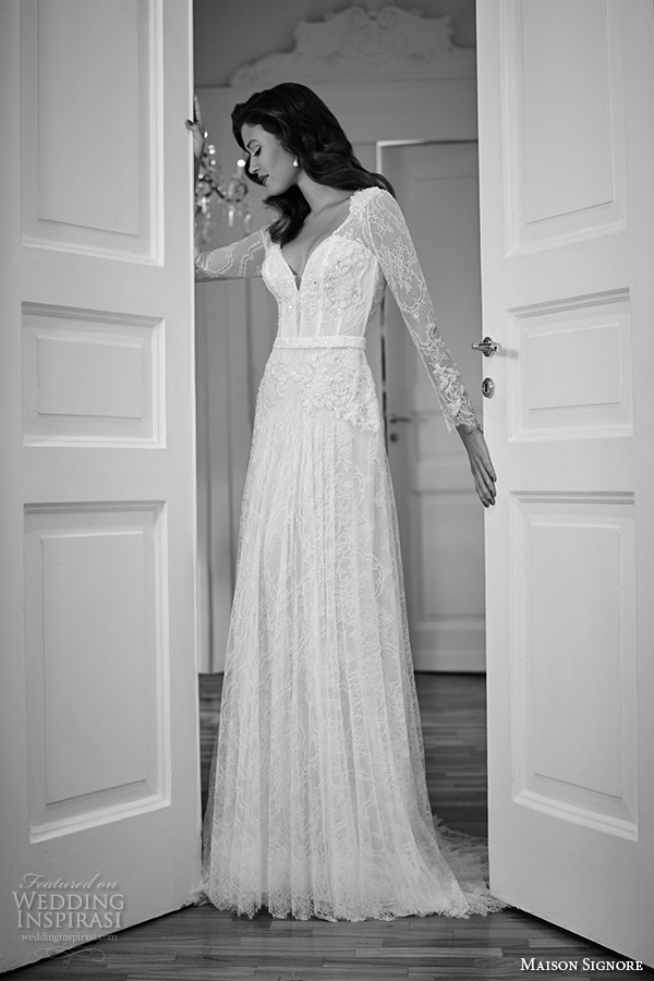 maison signore 2016 bridal gowns beautiful modified a  line wedding dress long lace sleeves v neckline overlay lace full skirt