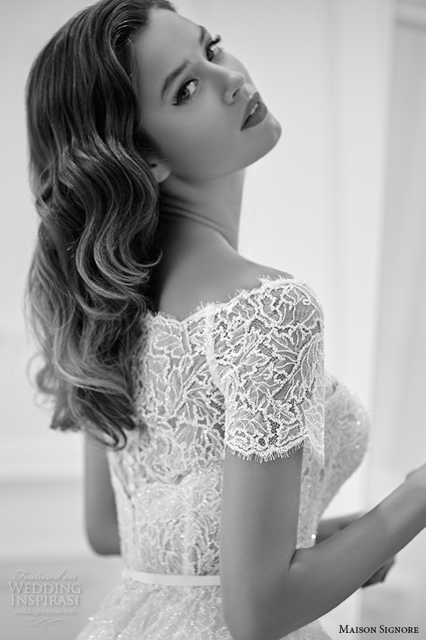 maison signore 2016 bridal gowns boat neckline lace neckline short sleeves peplum a  line wedding dress 