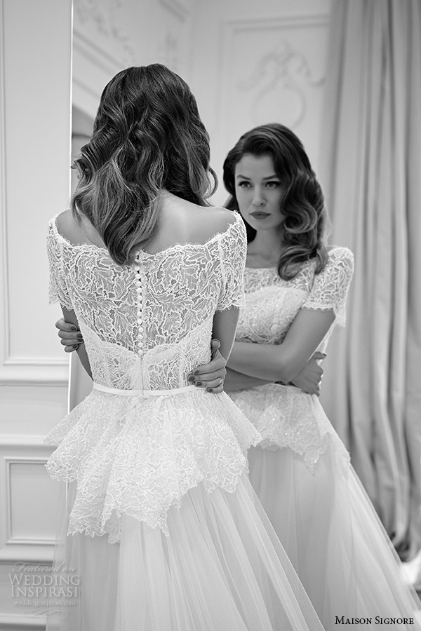 maison signore 2016 bridal gowns boat neckline lace neckline short sleeves peplum a  line wedding dress