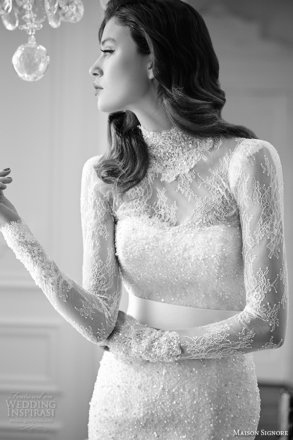 maison signore 2016 bridal gowns high neck long lace sleeves gorgeous mermaid wedding dress beaded lace embroidery closeup