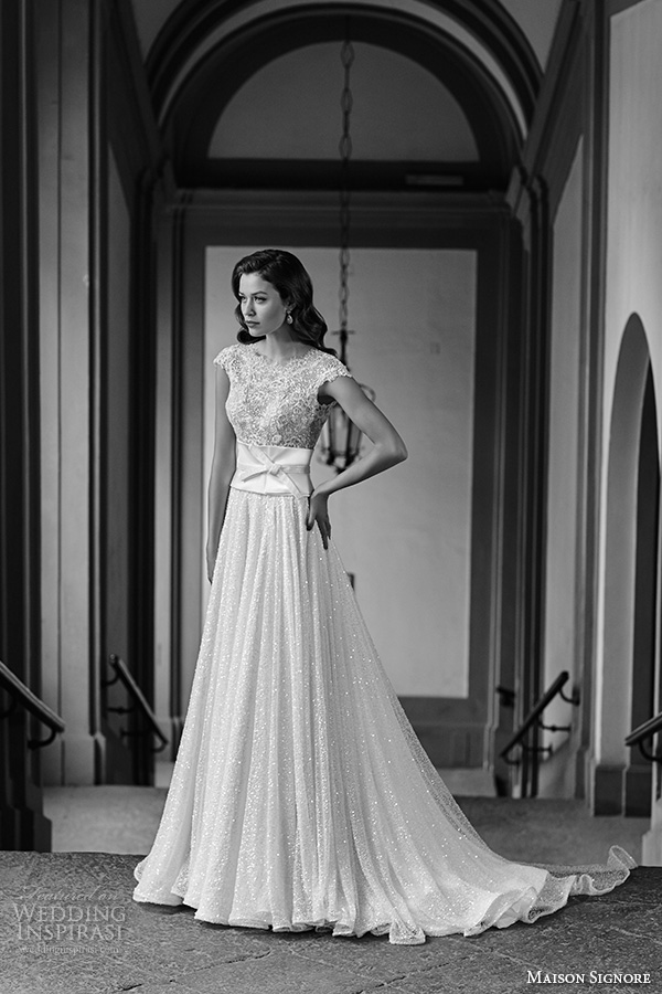 maison signore 2016 bridal gowns jewel neckline cap sleeves beaded lace embroidery ribbon belt sash flowly glitter a  line wedding dress
