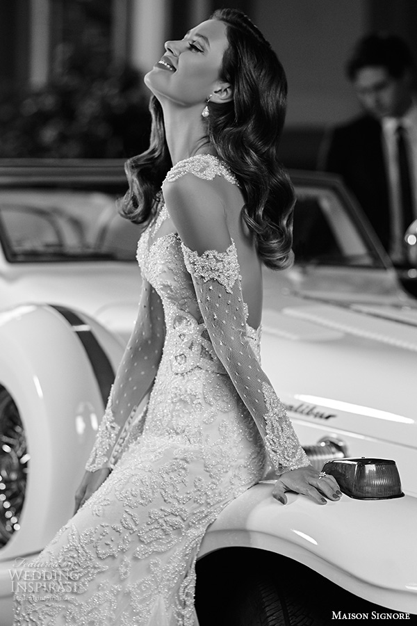 maison signore 2016 bridal gowns lace illusion neckline sweetheart neckline opera lace sleeves sheath wedding dress chapel train closeup maison signore 2016 bridal gowns lace illusion neckline sweetheart neckline opera lace sleeves sheath wedding dress chapel train closeup