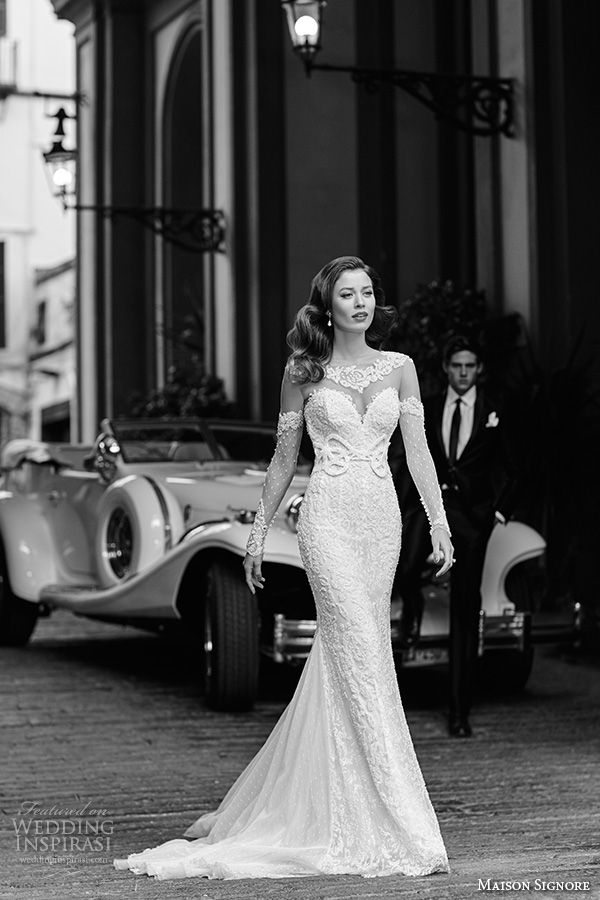 maison signore 2016 bridal gowns lace illusion neckline sweetheart neckline opera lace sleeves  sheath wedding dress chapel train