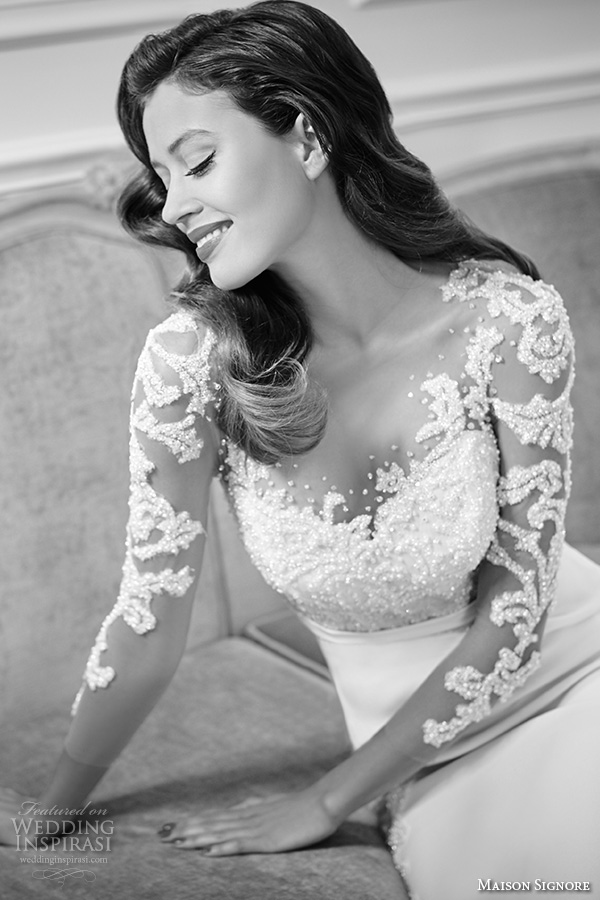 maison signore 2016 bridal gowns long illusion sleeves with beaded lace embroidery and bodice back chapel train wedding dress   