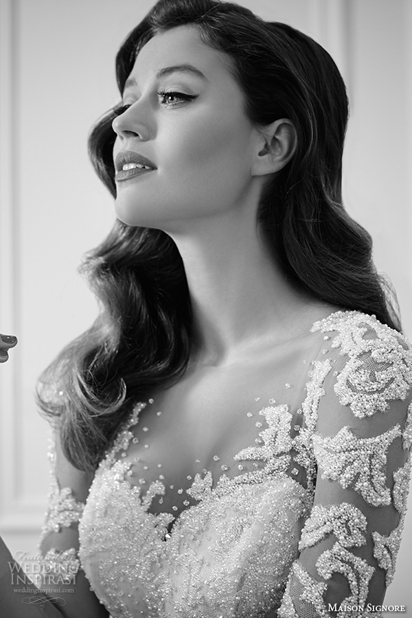 maison signore 2016 bridal gowns long illusion sleeves with beaded lace embroidery and bodice back chapel train wedding dress  