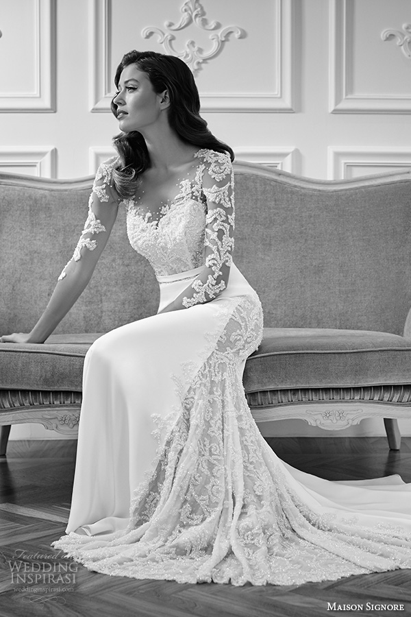 maison signore 2016 bridal gowns long illusion sleeves with beaded lace embroidery and bodice back chapel train wedding dress