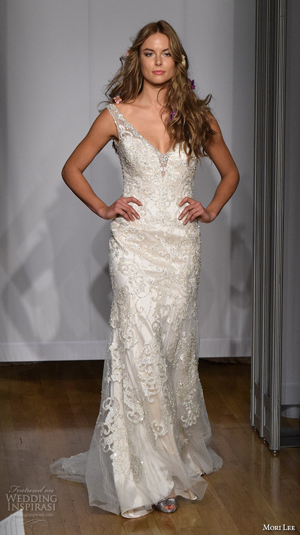 mori lee new york bridal fashion week 2015 beaded lace embroidered elegant sheath wedding dress