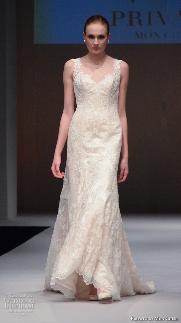 privato by mon cheri new york bridal fashion week 2015 beautiful sheath wedding dress lace embroidery champagne color