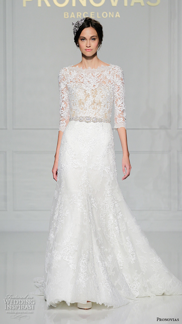 pronovias 2016 bridal gowns bateau neckline 3 quarter sleeves lace embroidered sheer bodice modifed a  line wedding dress style timy