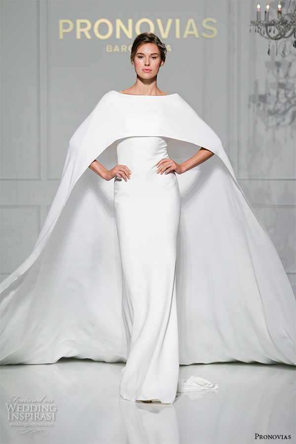 pronovias 2016 bridal gowns bateau neckline chic sheath wedding dress with cape style verona