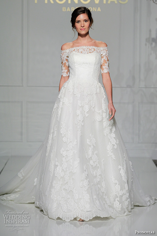 pronovias 2016 bridal gowns beautiful a  line wedding ball gown dress off the shoulder half sleeves style pleasant