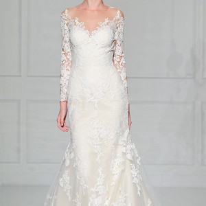 pronovias 2016 bridal gowns beautiful lace long sleeves fit to flare wedding dress mermaid v scallop lace neckline style tibet
