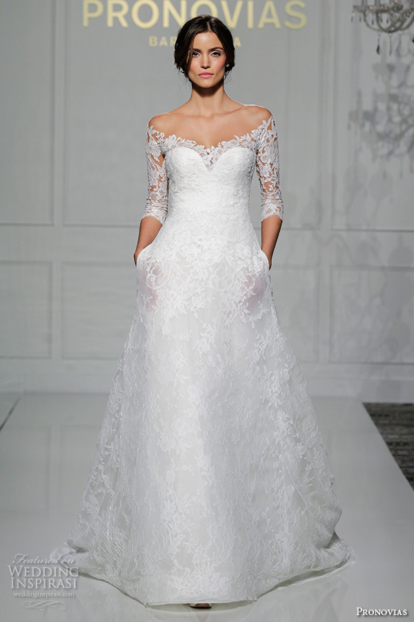 pronovias 2016 bridal gowns beautiful off the shoulder 3 quarter sleeves a  line wedding dress with pockets style varnava