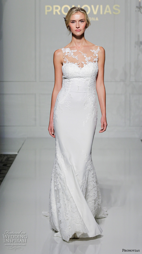 pronovias 2016 bridal gowns beautiful sheer neckline sweetheart lace embroidered sheath wedding dress style prunelle