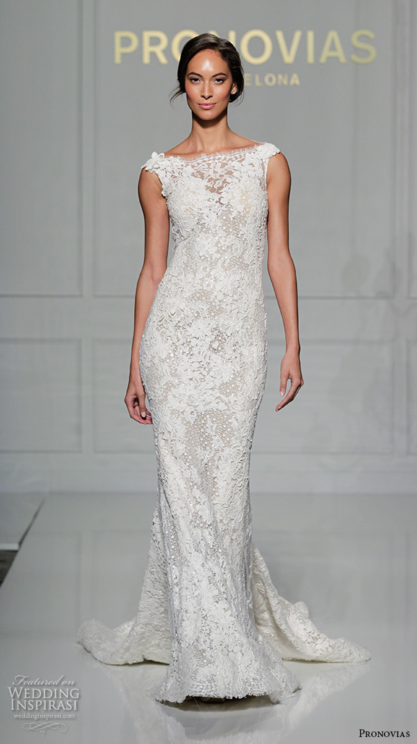 pronovias 2016 bridal gowns elegant sheath wedding dress off the shoulder lace embroidery throughout style ilari