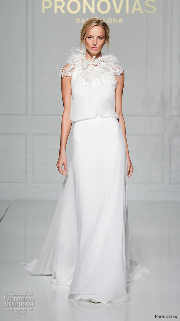 pronovias 2016 bridal gowns floral collar blousom simple chic sheath wedding dress style veneto