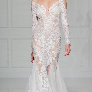 pronovias 2016 bridal gowns sexy deep plunging neckline lace long sleeves fit to flare trumpet wedding dress style vicki