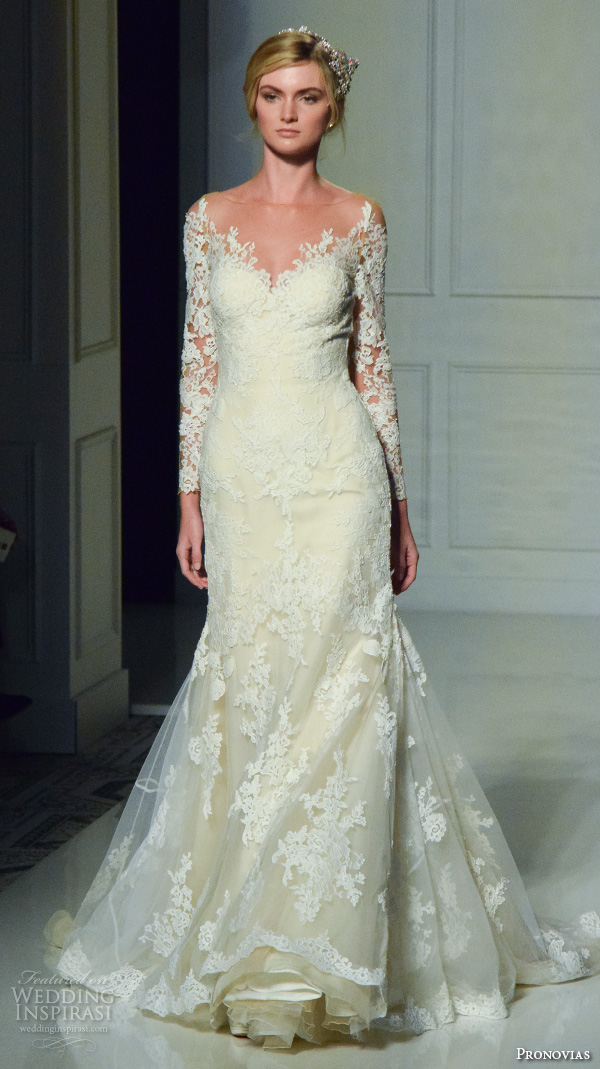 pronovias new york bridal week fall 2016 beautiful sheath wedding dress long sleeves floral embroidery