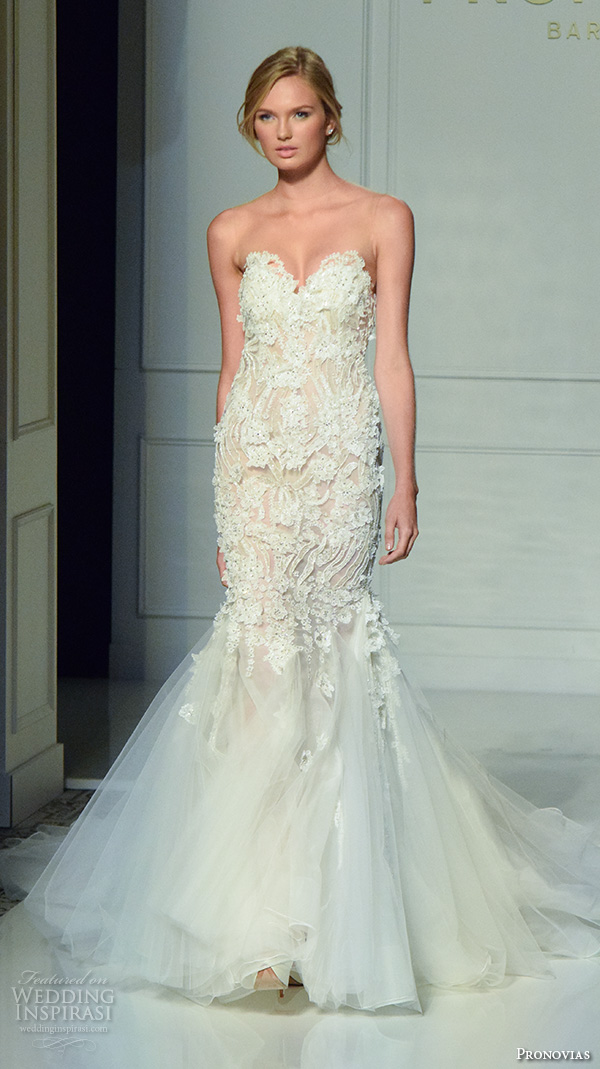 pronovias new york bridal week fall 2016 gorgeous mermaid wedding dress strapless lace embroidery