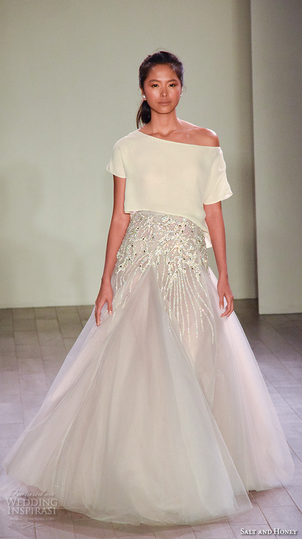 salt and honey fall 2016 bridal week pretty crop top embroidered skirt a line evening wedding dress salt and honey fall 2016 bridal week pretty crop top embroidered skirt a line evening wedding dress