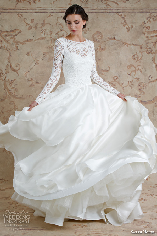 sareh nouri fall 2016 bridal beautiful cascading layers a  line wedding dress long sleeves bateau neckline style mona lisa  