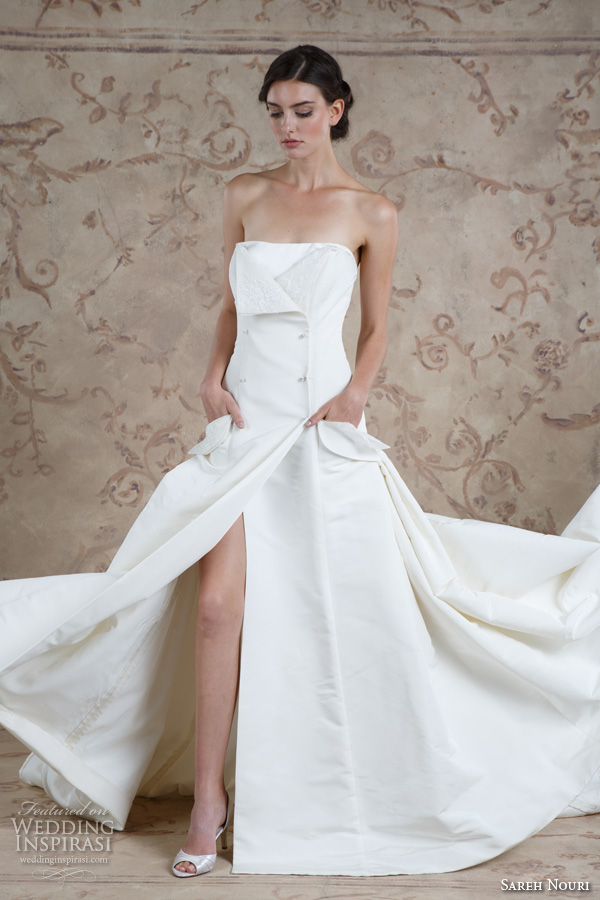 sareh nouri fall 2016 bridal double breasted wrap straight across neckline a  line wedding dress with pockets chapel train style tara 