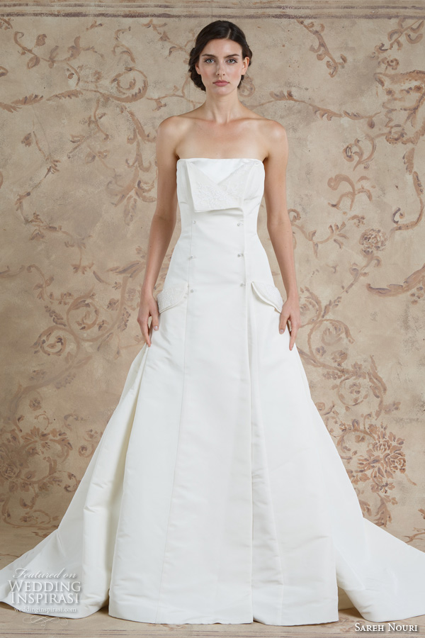 sareh nouri fall 2016 bridal double breasted wrap straight across neckline a  line wedding dress with pockets chapel train style tara