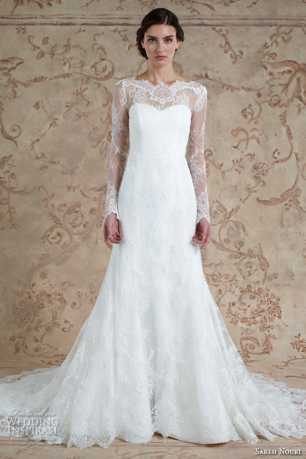 sareh nouri fall 2016 bridal elegant fit to flare trumpet wedding dress long sheer lace sleeves boat neckline style miriam