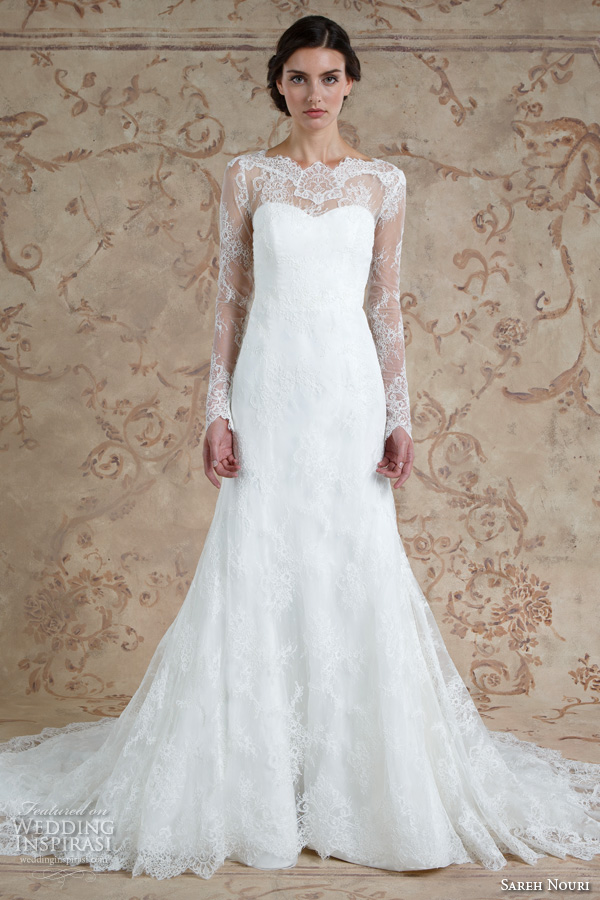 sareh nouri fall 2016 bridal elegant fit to flare trumpet wedding dress long sheer lace sleeves boat neckline style miriam sareh nouri fall 2016 bridal elegant fit to flare trumpet wedding dress long sheer lace sleeves boat neckline style miriam